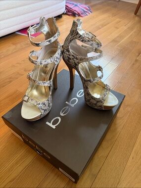 bebe Delaney Snake Natural Strappy High Heel Sandals in Neutral Taupe